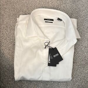 Hugo Boss White Dress Shirt with Classic Collar and Embroidered Logo